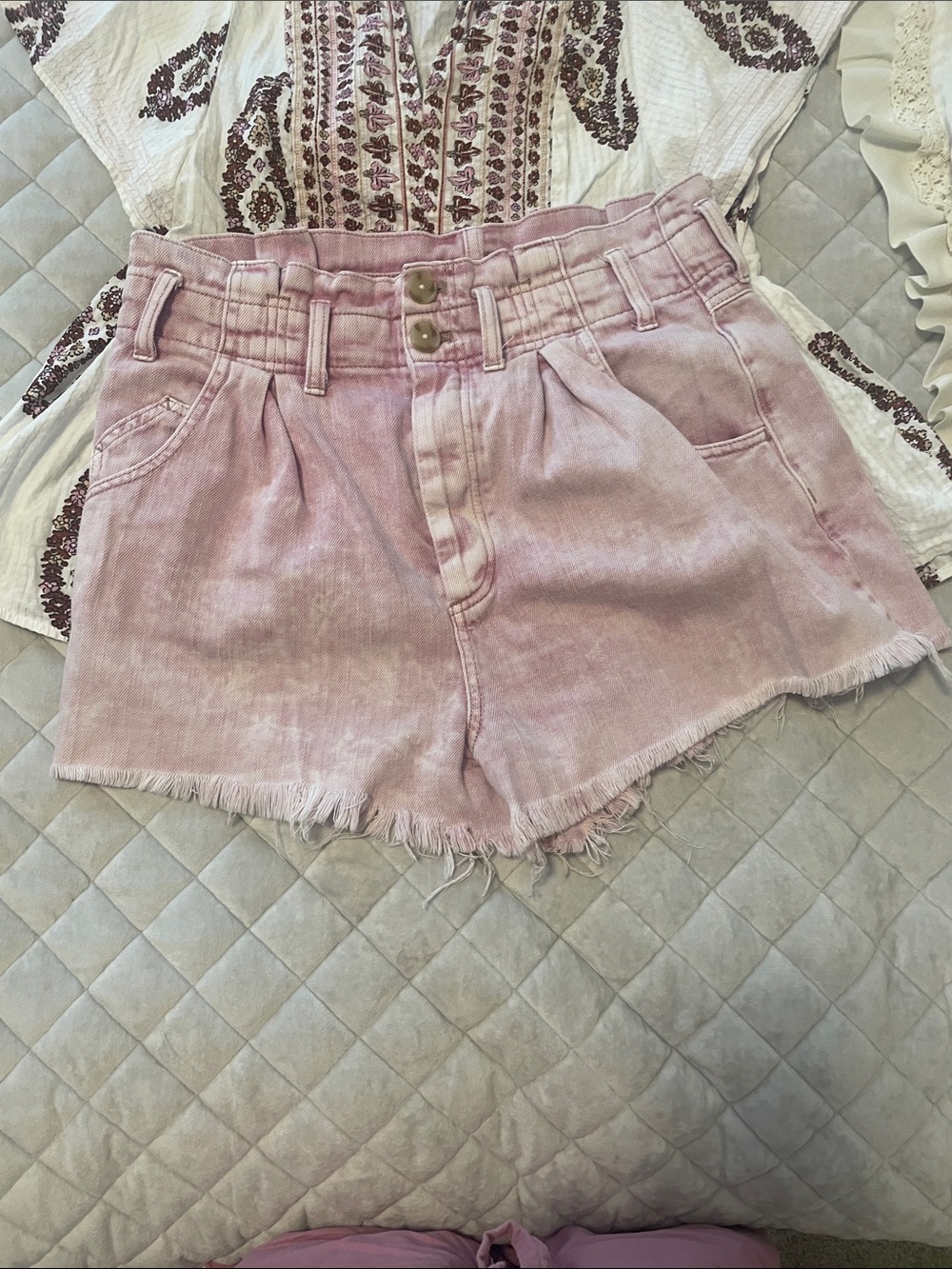 We the free High-Waist Pink Paperbag Denim Shorts